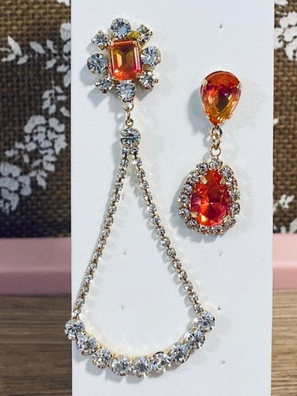 Orange Crystal Rhinestone Asymmetrical Statement Earrings